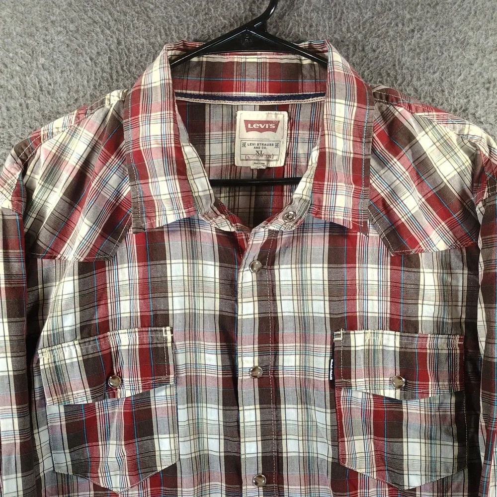 Levi's Shirt Men XL Red Beige Plaid‎ Flannel Western Pearl Snap Double Pocket